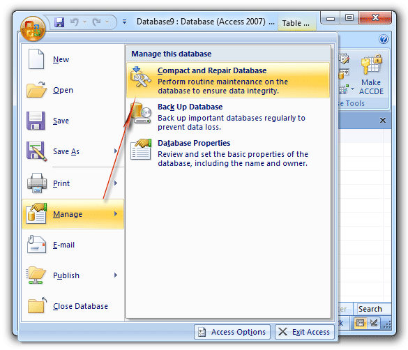 Compact and Repair Database in Access 2007