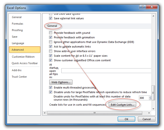 Edit Custom List button in Excel Options