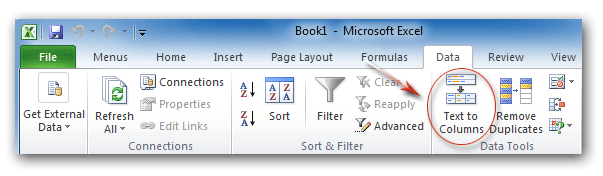 Find out the Text to Columns from Ribbon