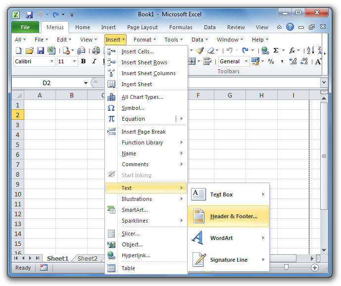 Figure 1: Header & Footer in Excel 2010's Insert Menu