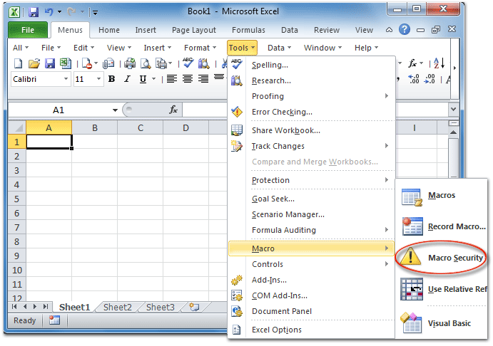 Figure 1: Macro Security in Excel 2010's Tools Menu
