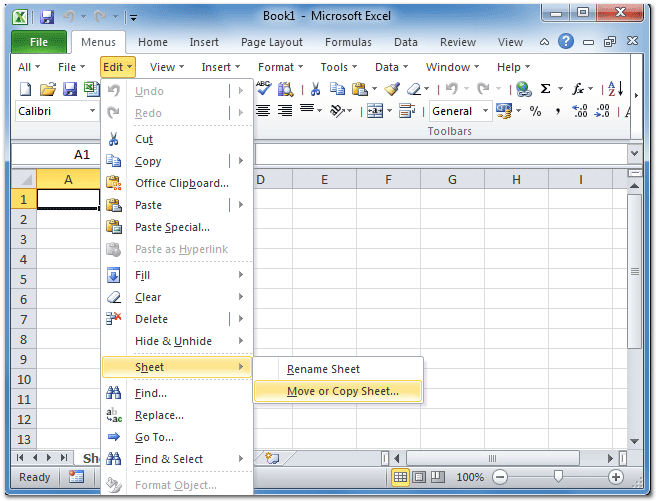 Figure 1: Move or Copy Sheet in Microsoft Excel 2010 Edit Menu