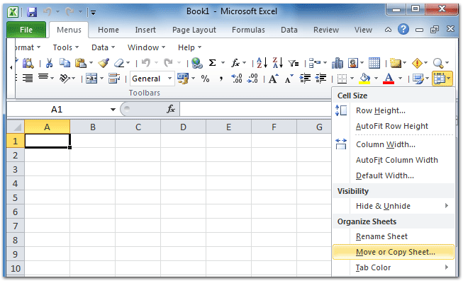 Figure 2: Move or Copy Sheet in Microsoft Excel 2010 Toolbar