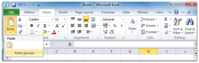 Figure 3: Paste Special in Excel 2010's Ribbon