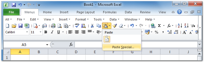 Figure 1: Paste Special in Excel 2010's Toolbar