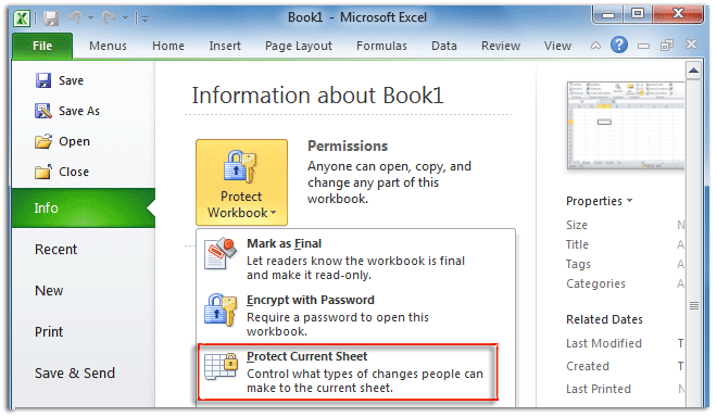 Figure 5: Protect Sheet in Microsoft Excel 2010's backstage view