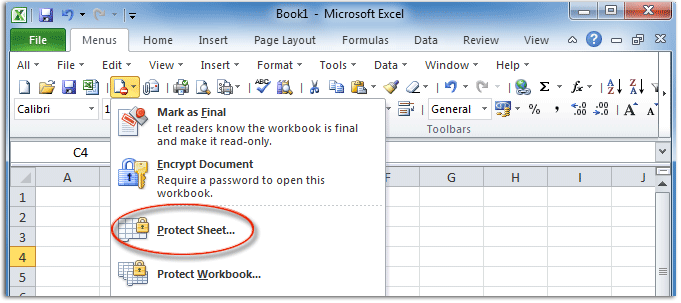 Figure 2: Protect Sheet in Microsoft Excel 2010's Toolbar