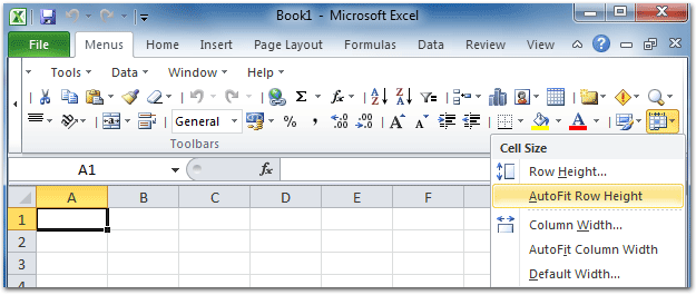 Figure 2: AutoFit Row Hight in Microsoft Excel 2010 Toolbar