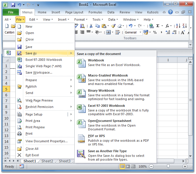 Figure 1: Save As in Excel 2010's File Menu
