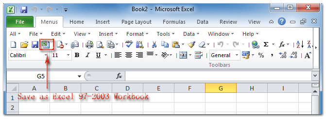 Figure 2: Save Ad Excel 97-2003 Workbook in Excel 2010's Toolbar