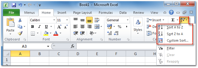Figure 3: Sort command in Excel 2010's Home tab