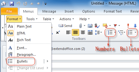 Figure 3:Bullets and Numbers buttons in Outlook 2010
