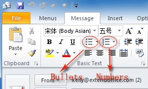 Figure 4: Bullets and Numbers buttons in Outlook 2010's Ribbon