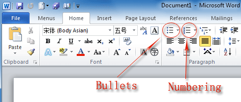 Figure 2:Bullets and Numbers in Word 2010's Ribbon
