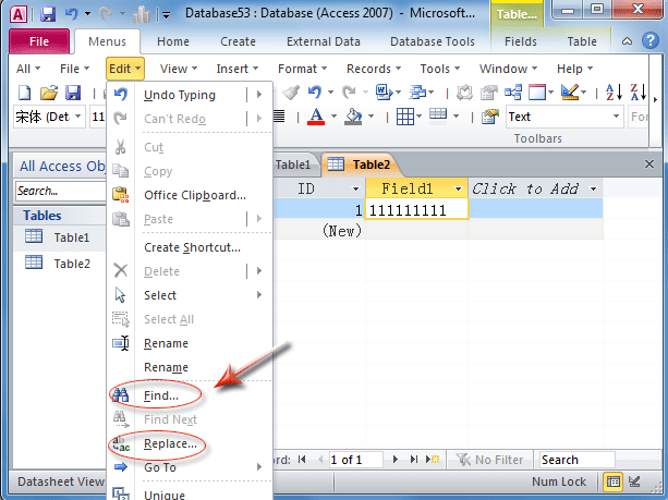 Figure 7: Find item and Replace item in Access 2010's Edit Menu