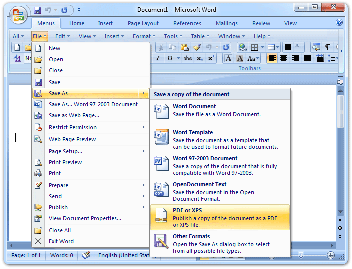 Figure 3: Old Menus in Office 2007's Ribbon