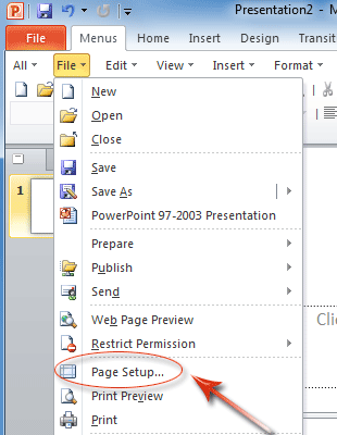 Figure 3: Page Setup in PowerPoint 2010's File Menu