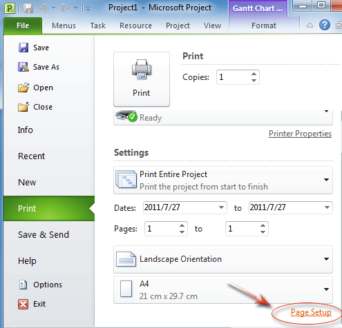 Figure 7: Page Setup in Project 2010's Ribbon