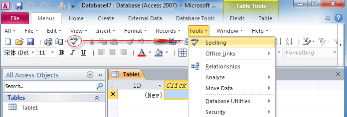 Figure 3: Spelling feature in Access 2010's Tools Menu and Toolbar