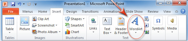 Where is WordArt: WordArt in PowerPoint 2010's Ribbon