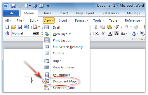 Figure 1: Document Map in Word 2010' View Menu