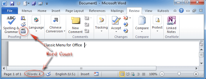 Word Count button in Word 2010's Ribbon