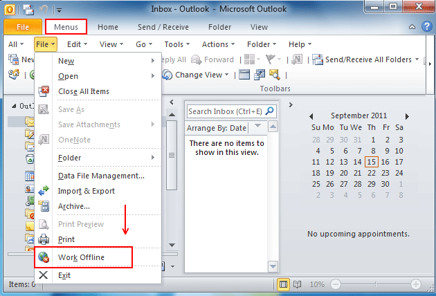 Where is Work Offline in Microsoft Outlook 2010 and 2013