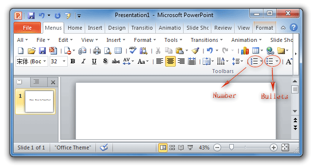 Figure 1:Bullets and Numbering buttons in PowerPoint 2010 Toolbar