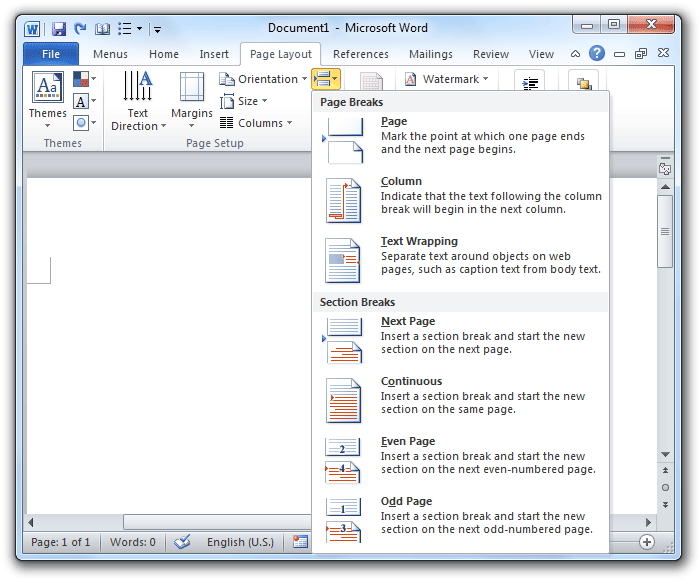 shot: Page Break in Word 2007/2010's Page Layout tab