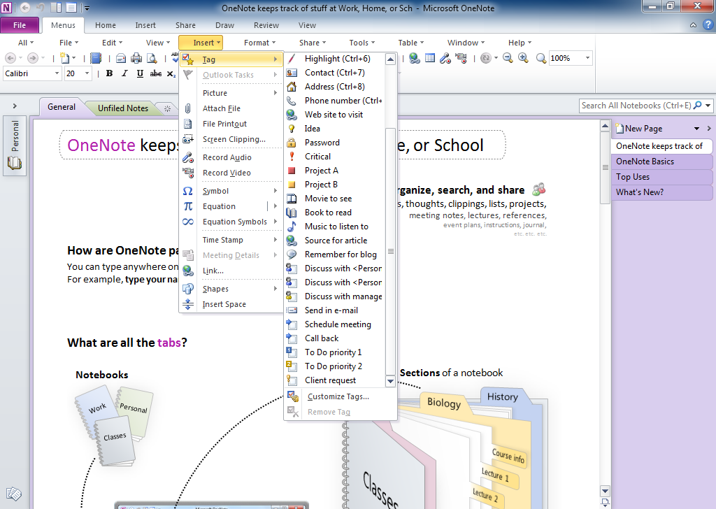 screenshot of Classic Menu for OneNote 2010