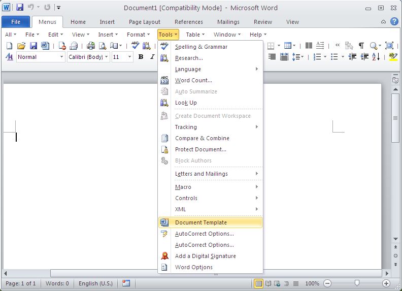 Show Classic Menus and Toolbars on Ribbon of Microsoft Word 2010