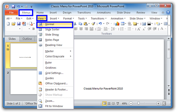 Get into Normal view with classic menu in PowerPint 2010