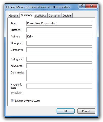 Properties Dialog box in PowerPoint 2010