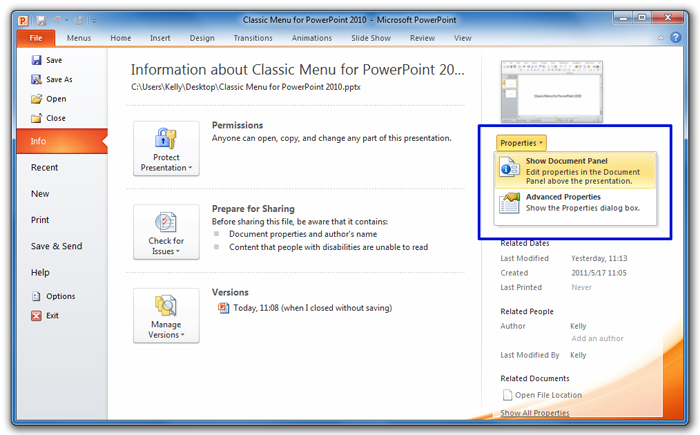 document properties in PowerPoint 2010