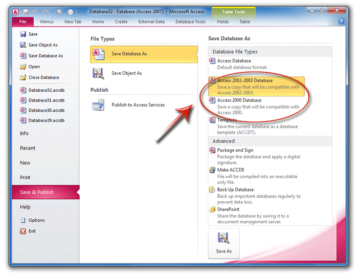 Save database as mdb files in Access 2010 Ribbon