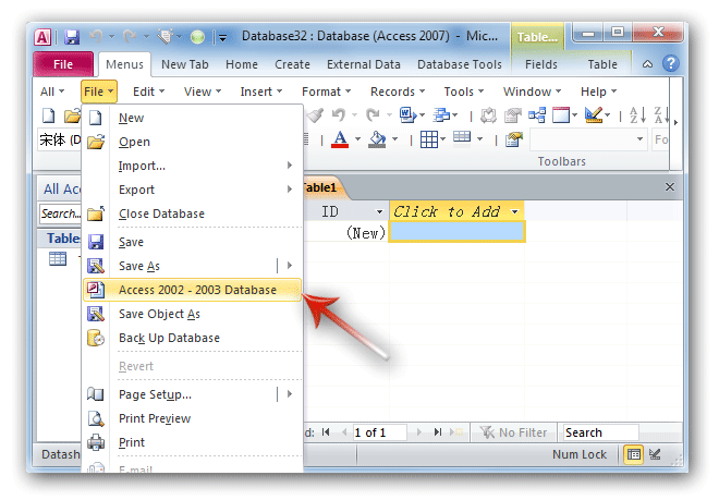 Save database as mdb files with Classic Menu