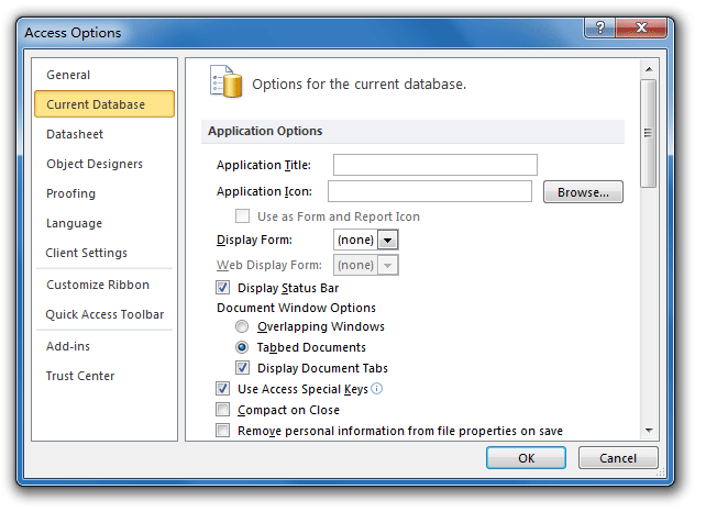Original Startup window in Access Options
