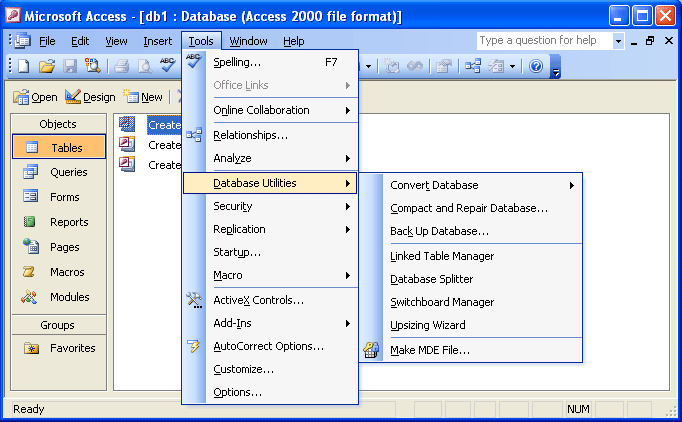 Tools menu in Access 2003