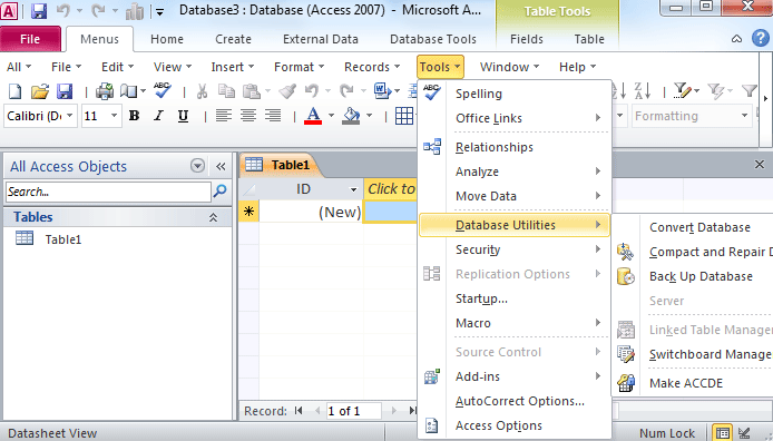 Where is the Tools menu in Microsoft Access 2007, 2010, 2013, 2016, 2019  and 365