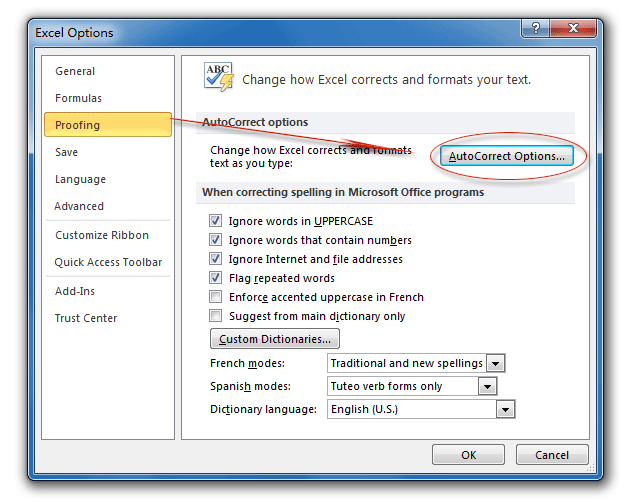 AutoCorrect Options button in Excel Options