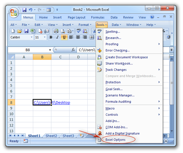 Open Excel Options window from Classic Menu