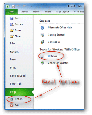 Open Excel Options window from Excel 2010 Ribbon
