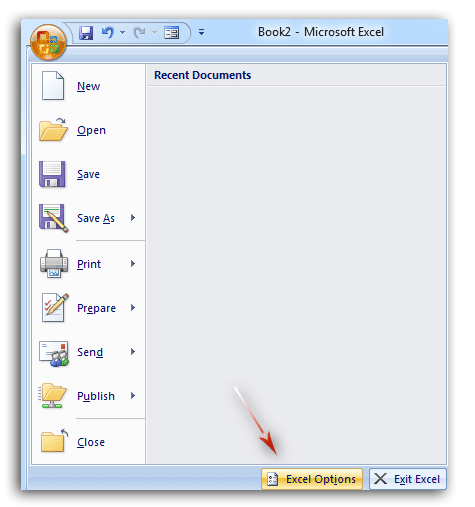Excel Options button in Excel 2007 Ribbon