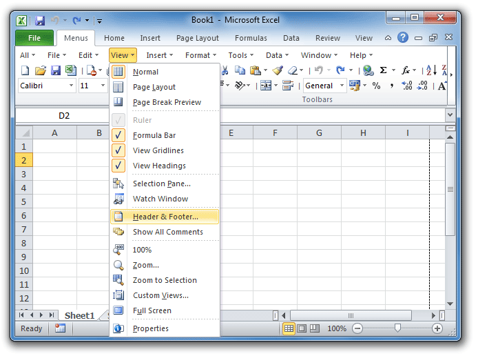 Figure 2: Heaer & Footer in Excel 2010's View Menu