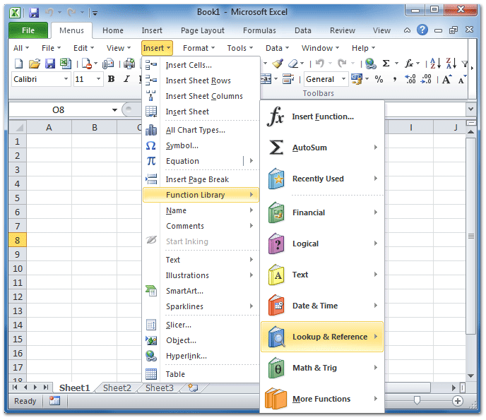 Figure 1: Lookup & Reference in Microsoft Excel 2010 Insert Menu