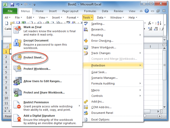Figure 1: Protect Sheet in Microsoft Excel 2010's Tools Menu