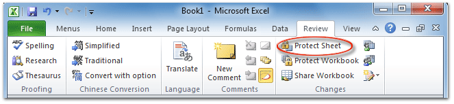 Figure 4: Protect Sheet button in Microsoft Excel 2010's Review Tab