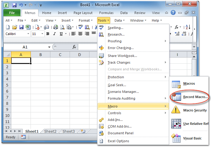 Figure 2: Record Macro in Excel 2010's Tools Menu