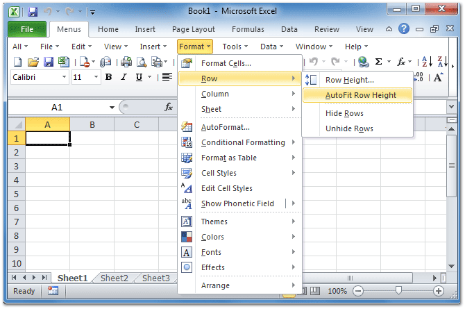 Figure 1:Auto Row Height in Microsoft Excel 2010 Format Menu