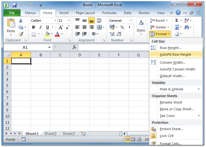 Figure 3: AutoFit Row Height in Microsoft Excel 2010 Ribbon